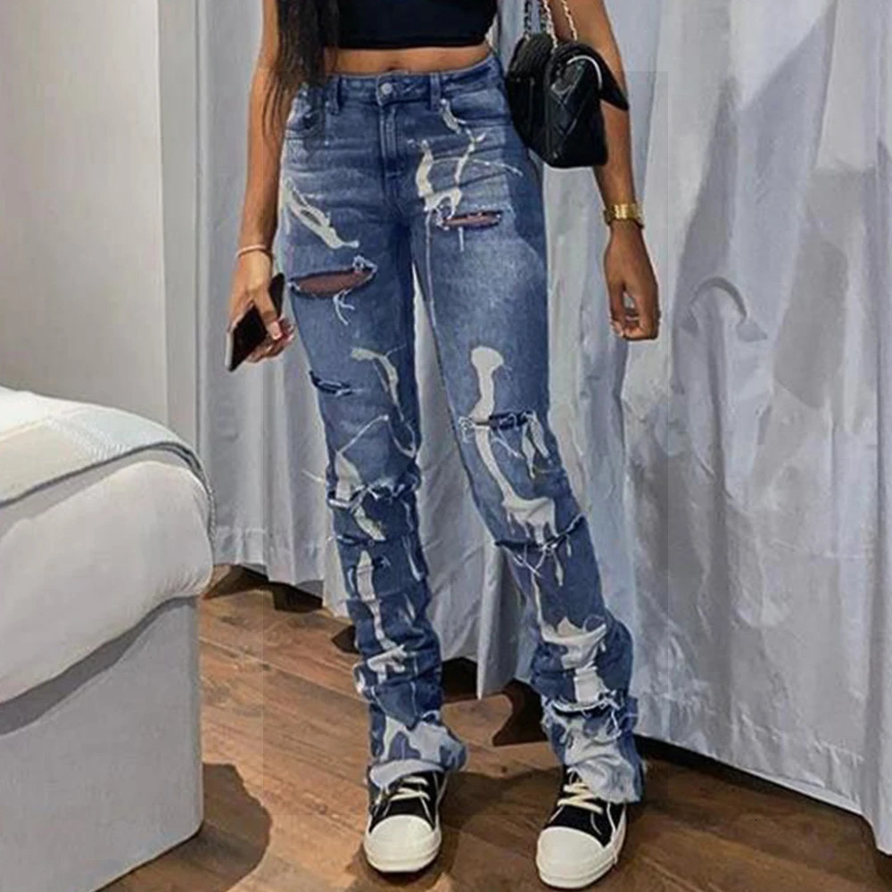 Summer Fashion Y2K Retro Ripped Hole Jean Print High Waist Skinny Stacked Blue Denim Pants Streetwear Elastic Trousers 241025