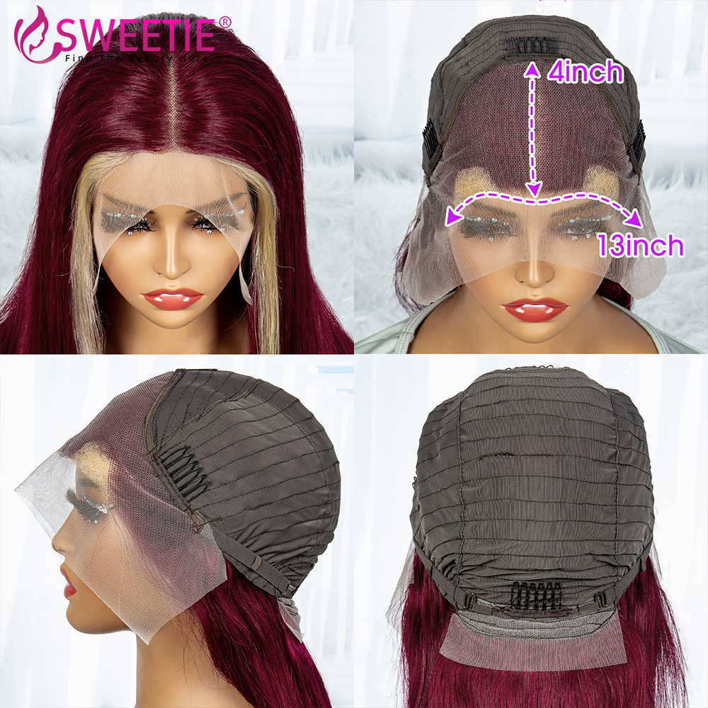 Bury 99j Red With 613 Blonde Stripe Front Wig Pre Plucked 180% 13x6 Human Hair 13x4 Lace Frontal Wigs