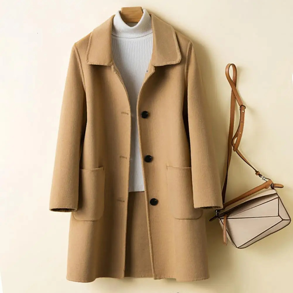 Womens Long Sleeve Wool Blend Coat Winter PocketsThickened Woolen Cardigan Jacket Fashion Pockets Coldproof 2023 241025Z