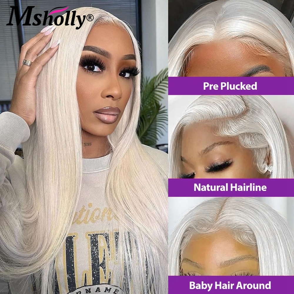 Glueless Straight Platinum Blonde Colored Lace Closure Remy Human Hair 13x4 White TransparentLace Frontal Wigs Preplucked