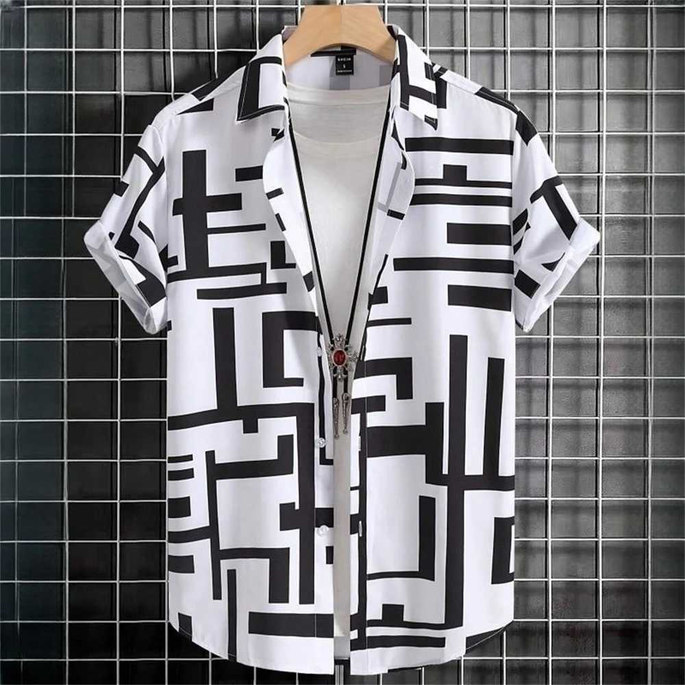 Simple mens shirt 3D splicing work printing high-quality mens clothing shorts Slve beach party Haian shirt W241026