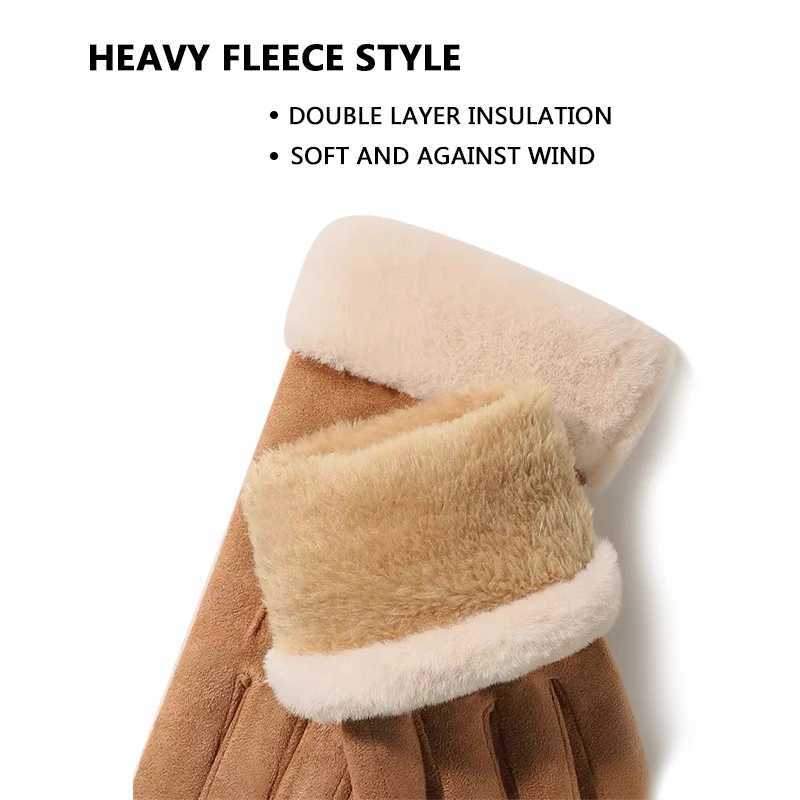 Winter suede leather bicycle Gs Autumn thick womens warm velvet plush gloves Womens outdoor touch screen driving Gs W241026