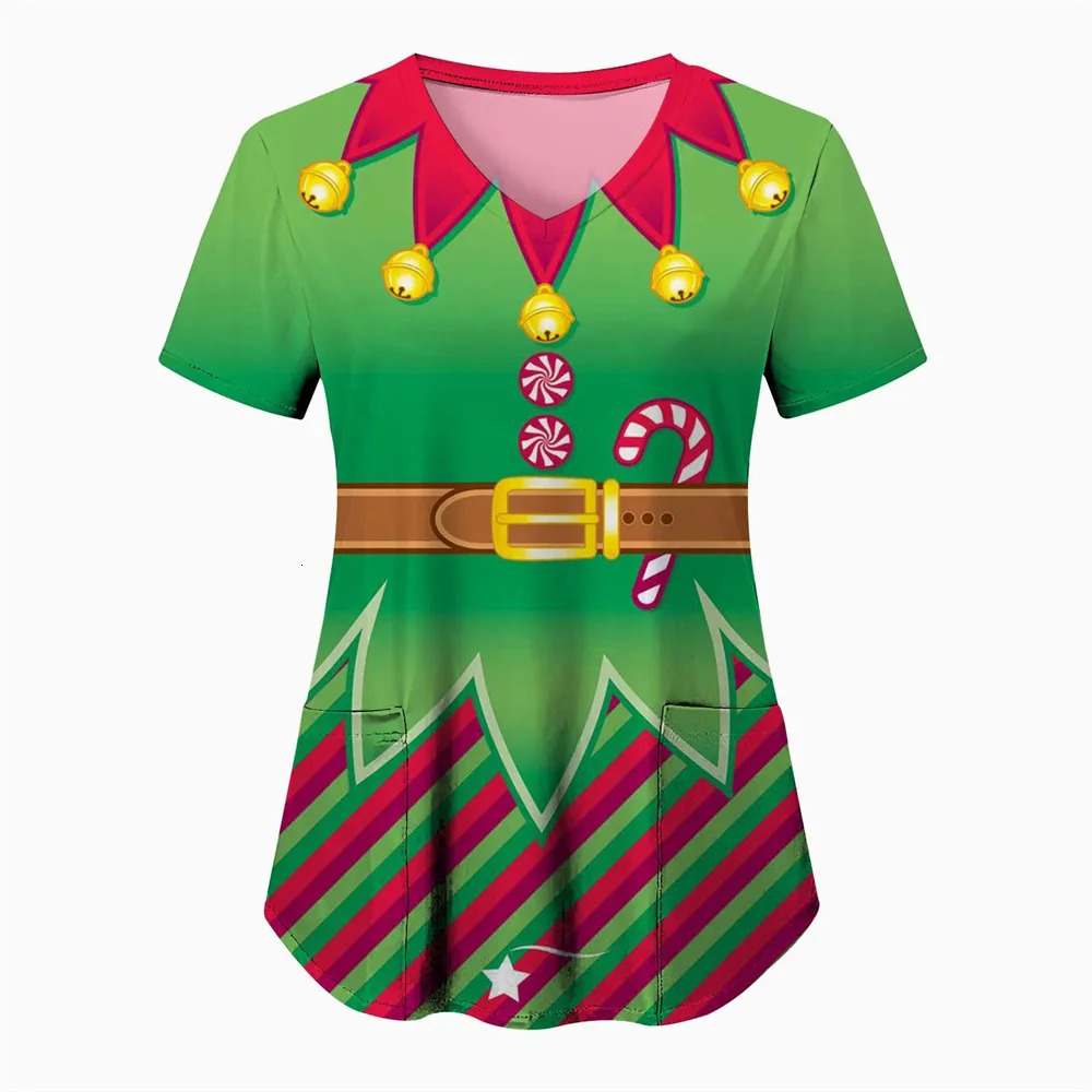 Women Christmas Nursing Scrubs Tops Working Uniform Blouse Short Sleeve Vneck tee Blusas Clothes Nurses Tunic 241025