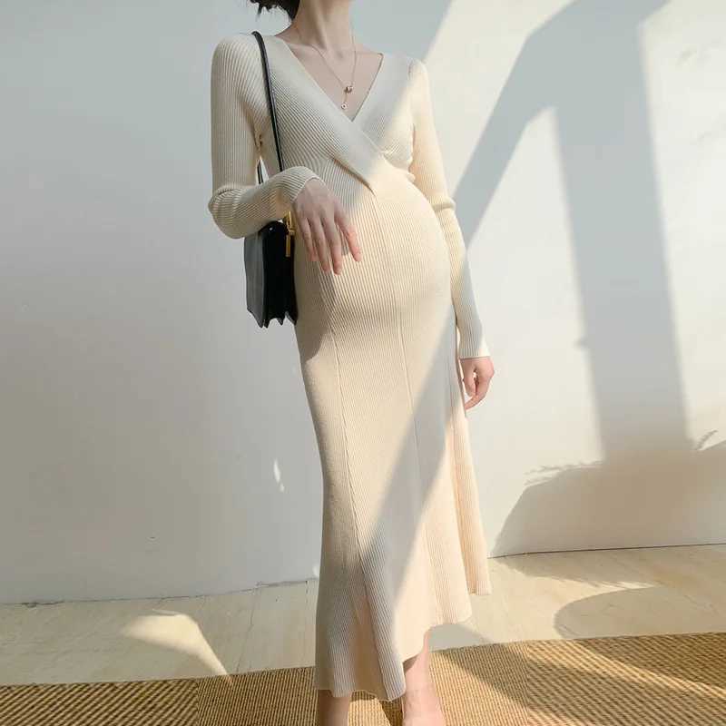 Maternity Dress Autumn/Winter Fashion Maternity Dress V-neck Sweater Knitted Tie Dress Vestidos De Mujer Casual W241026