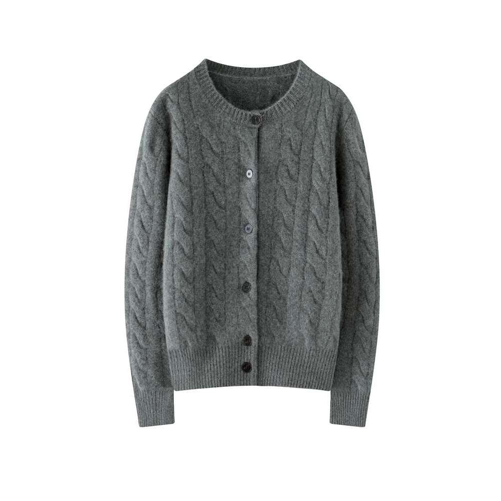 Women's 100% Sweater O-Neck Cable Knit Cardigan Autumn Winter Preppy Style Cashmere Knitwear Thickened Soft Female Tops