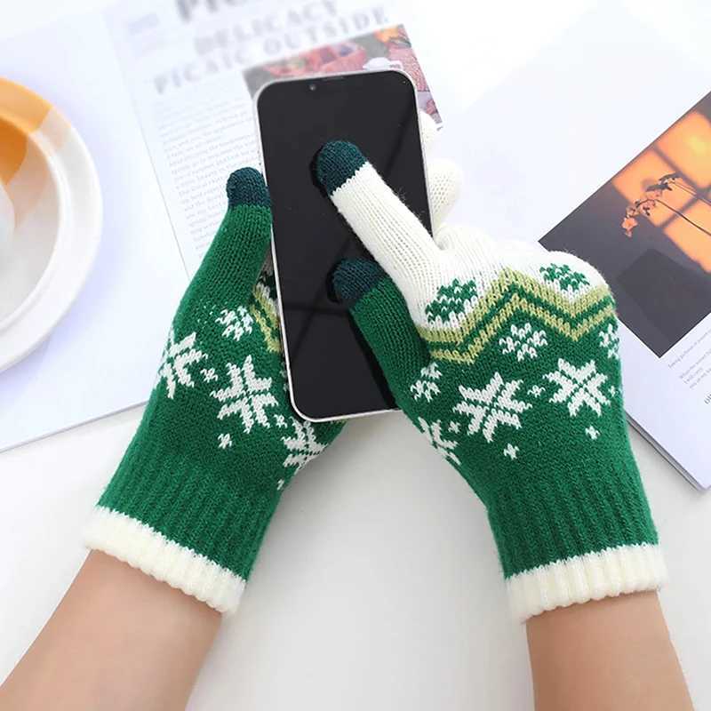 New Womens Knitted Gs Christmas Snowflake Printed Wool Gs Winter Warm Knitted Neutral Riding Work Gloves W241026