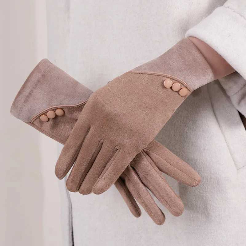 Fashionable and Warm Suede Touchscreen Gs Suitable for Womens Autumn and Winter Warmth Plus Velvet Thickened Outdoor Sports Bicycle Driving Gloves W24