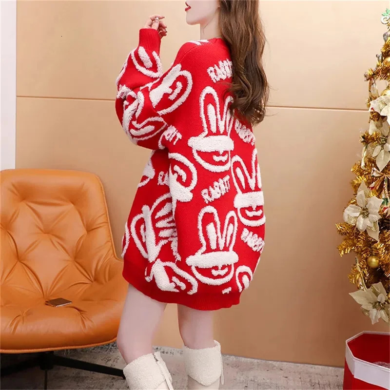 Rabbit Year Red Christmas Thick Sweater Womens Medium to Long Feels Internet in Super Autumn/Winter Mod 241025