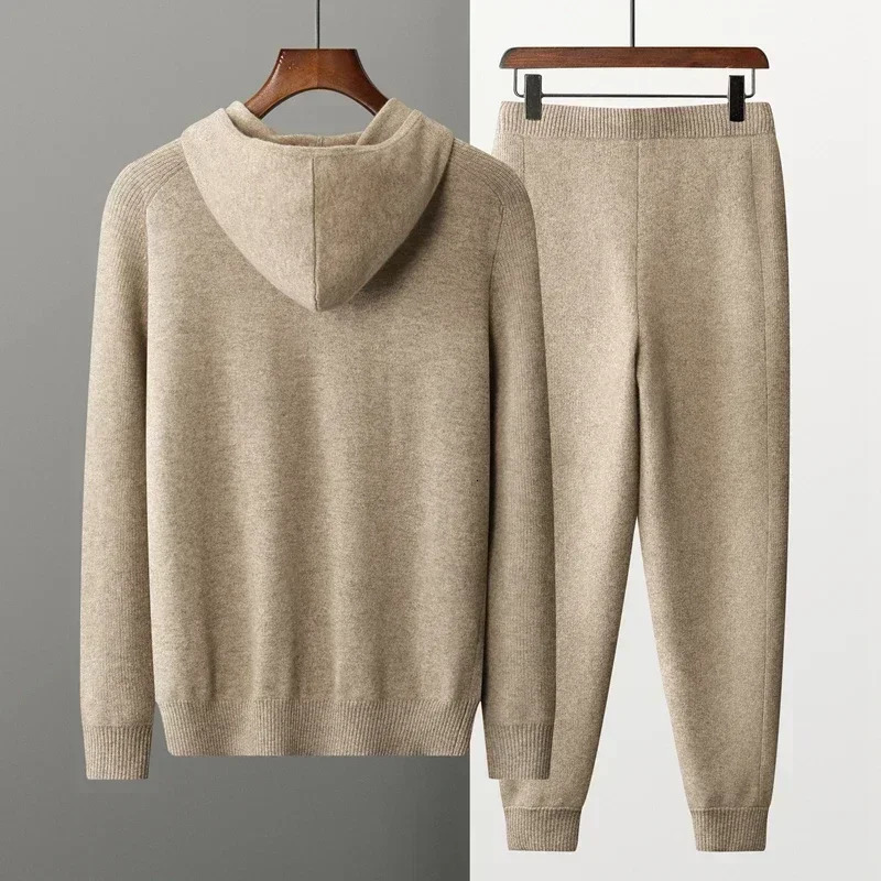 100% Cashmere Suit Men Hooded Zipper Cardigan Autumn Winter Knitted High Waist Trousers Fashion Solid Color Sweater 241025