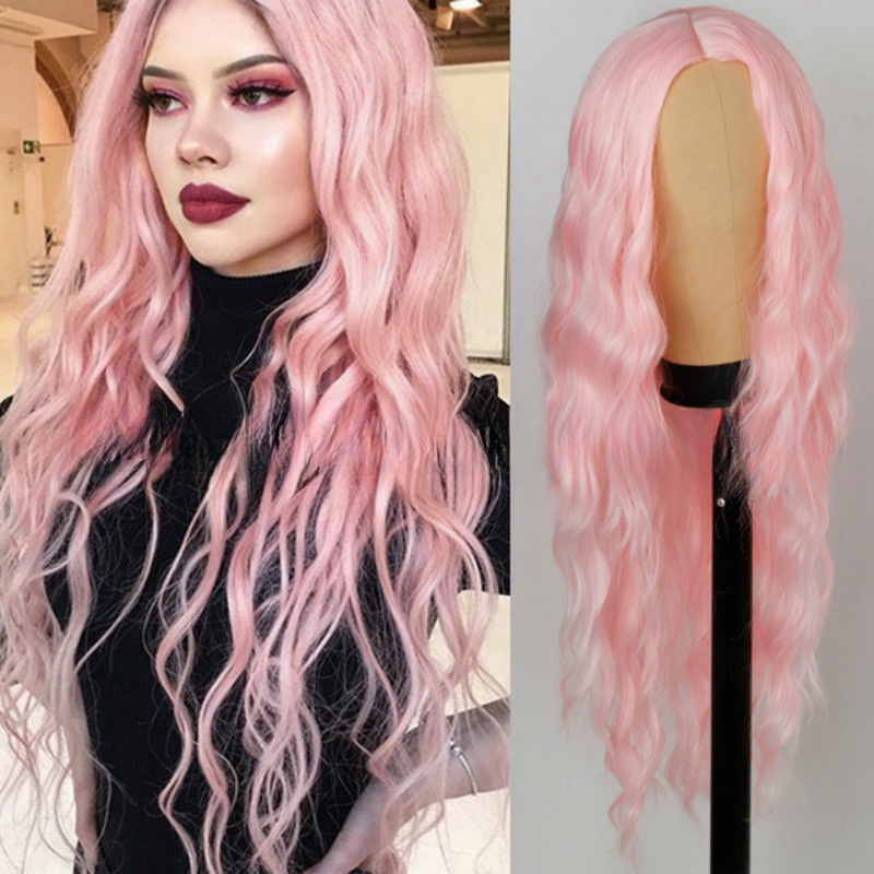 Wig women wine red long hair female middle part corn perm long curly hair chemical fiber wig