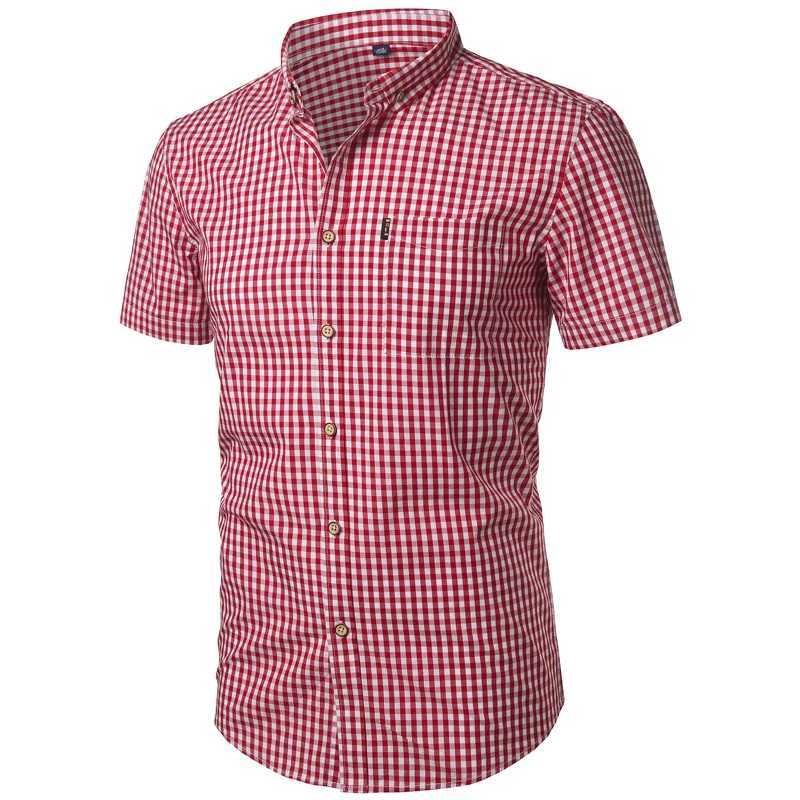 Mens Red Checkered Shirt Summer Short Slip Cotton Dress Shirt Business Casual Button Hem Chemical Mens Camissa Masculina W241026