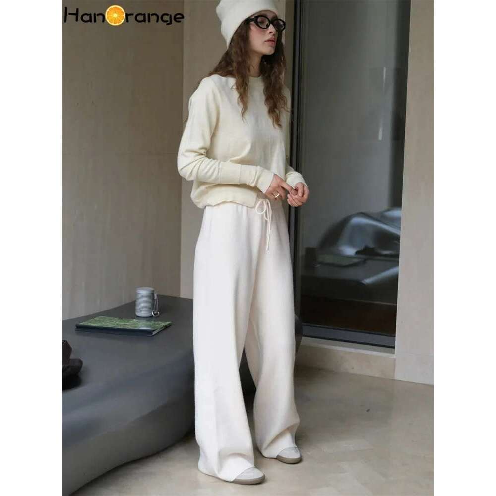 Hanorange 2024 Autumn Winter Lazy Straight Knitted Wide Legs Pants Soft Comfortable Or Dragging Trousers Grey/Apricot