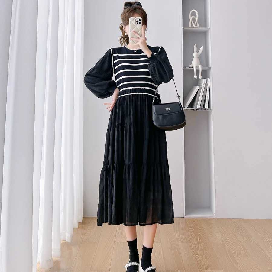 Autumn maternity dress block color striped patch work long lantern sleeve patch work womens pleated maternity dress W241026