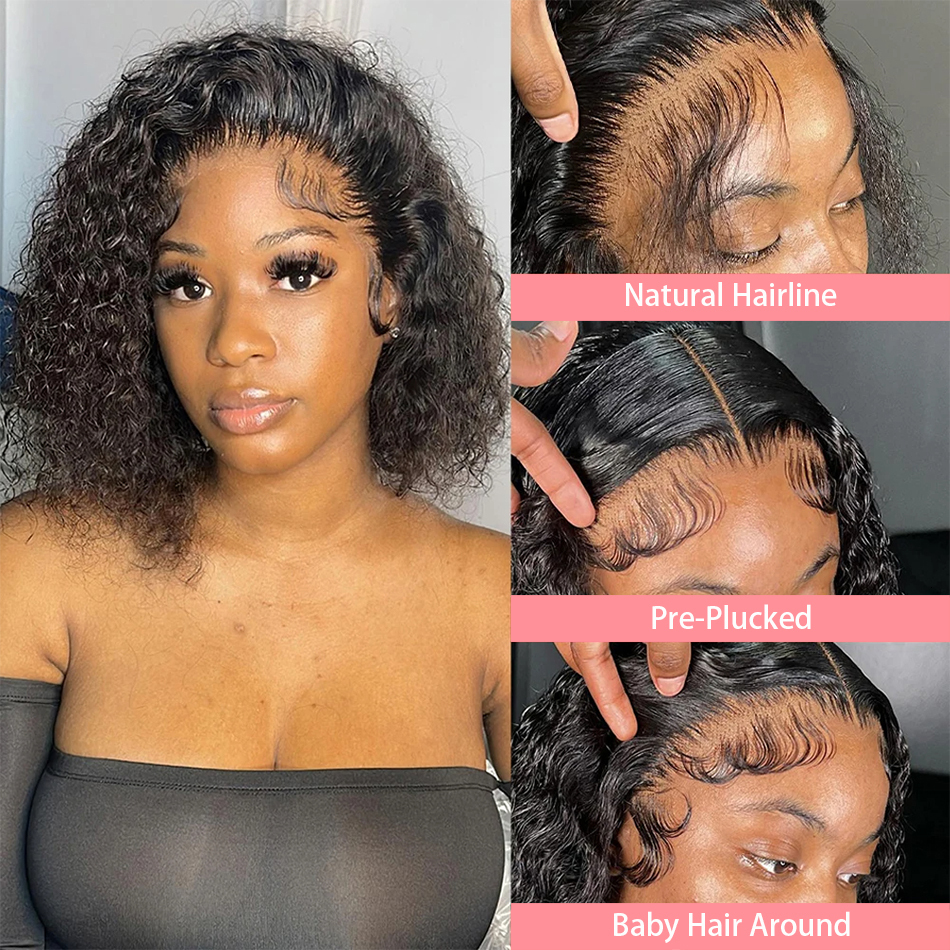 13x4 Deep Wave Curly Short Bob Wigs 4x4 Transparent Lace Front Wig Brazilian 100% Human Hair 12 14 16 Inch