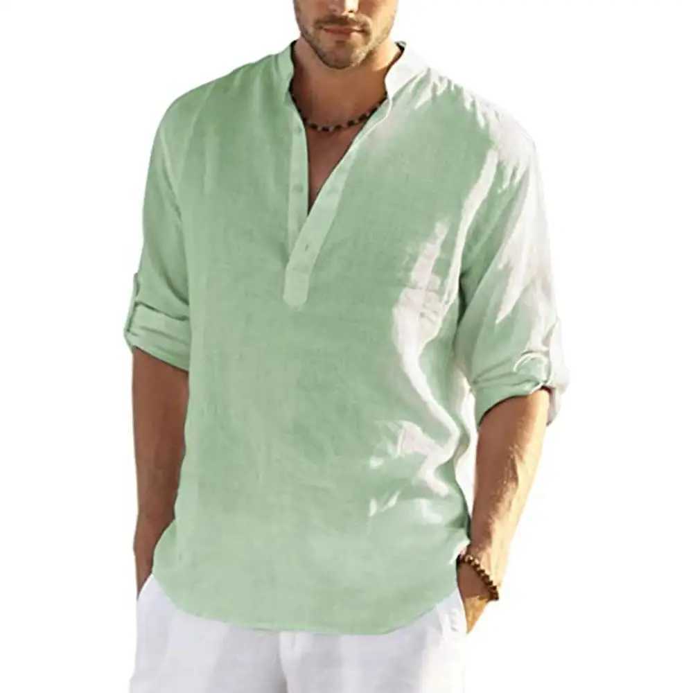 2024 new mens casual shirt cotton linen shirt loose top long slip T-shirt spring and autumn casual handsome mens shirt W241026