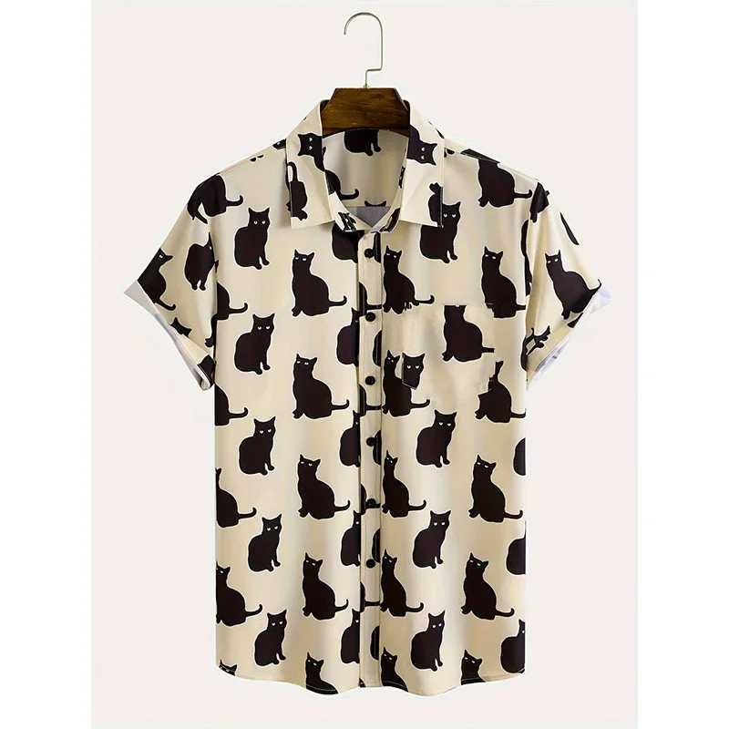 Summer Allover Cat Print Mens Casual Short Sleeve Haian Casual Button Collar Shirt Summer Mens Clothing W241026