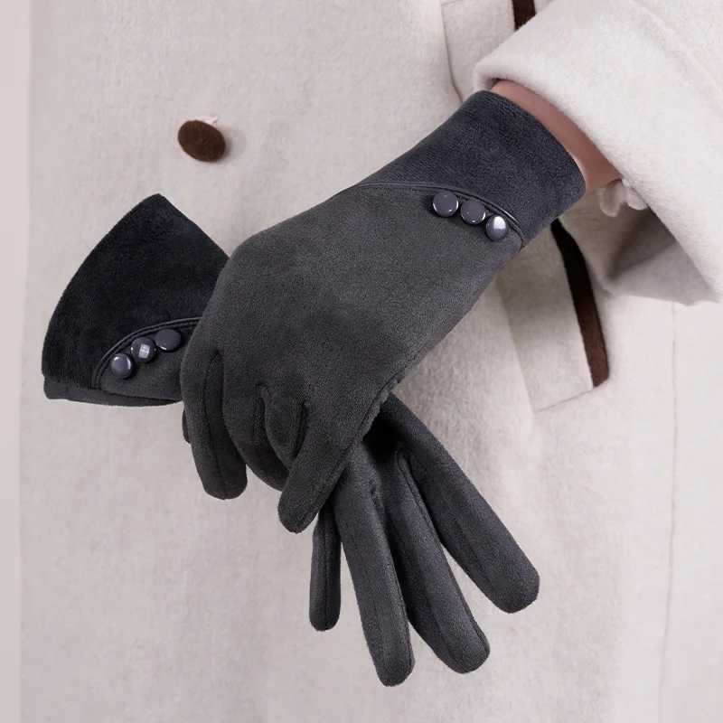Fashionable and Warm Suede Touchscreen Gs Suitable for Womens Autumn and Winter Warmth Plus Velvet Thickened Outdoor Sports Bicycle Driving Gloves W24