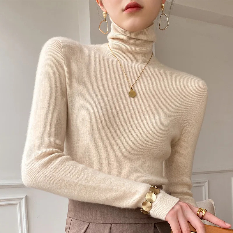 Women Sweater Winter Cashmere Turtleneck Warm Knitwear Korean Casual Solid Bottoming Shirt Fashion Knit Pullovers Brown 241025