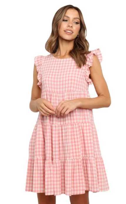 Summer ruffled maternity dress plain weave womens dress O-neck casual loose dress butterfly sleeves short sleeved maternity dress W241026