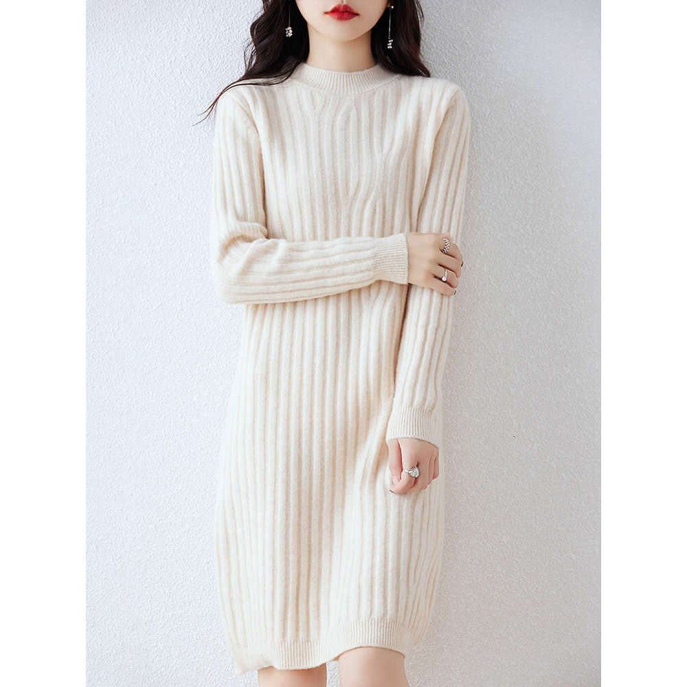 High Quality Women's Pullover Knee-Length Autumn Winter Mock-Neck Sweater 100% Merino Wool Knitwear Cashmere Thick Dress