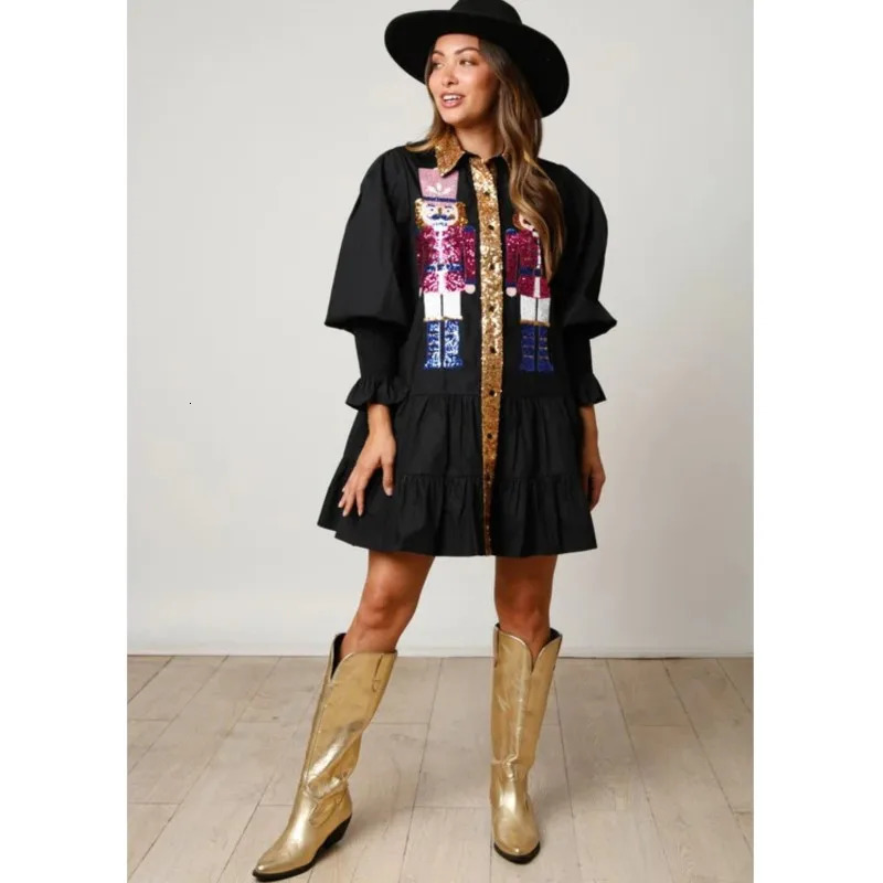 Women Sequin Christmas Shirt Dress Holiday Party Santa Sweatshirt Dresses Long Sleeve Tiered Mini Sundress for Prom Vestido 241025