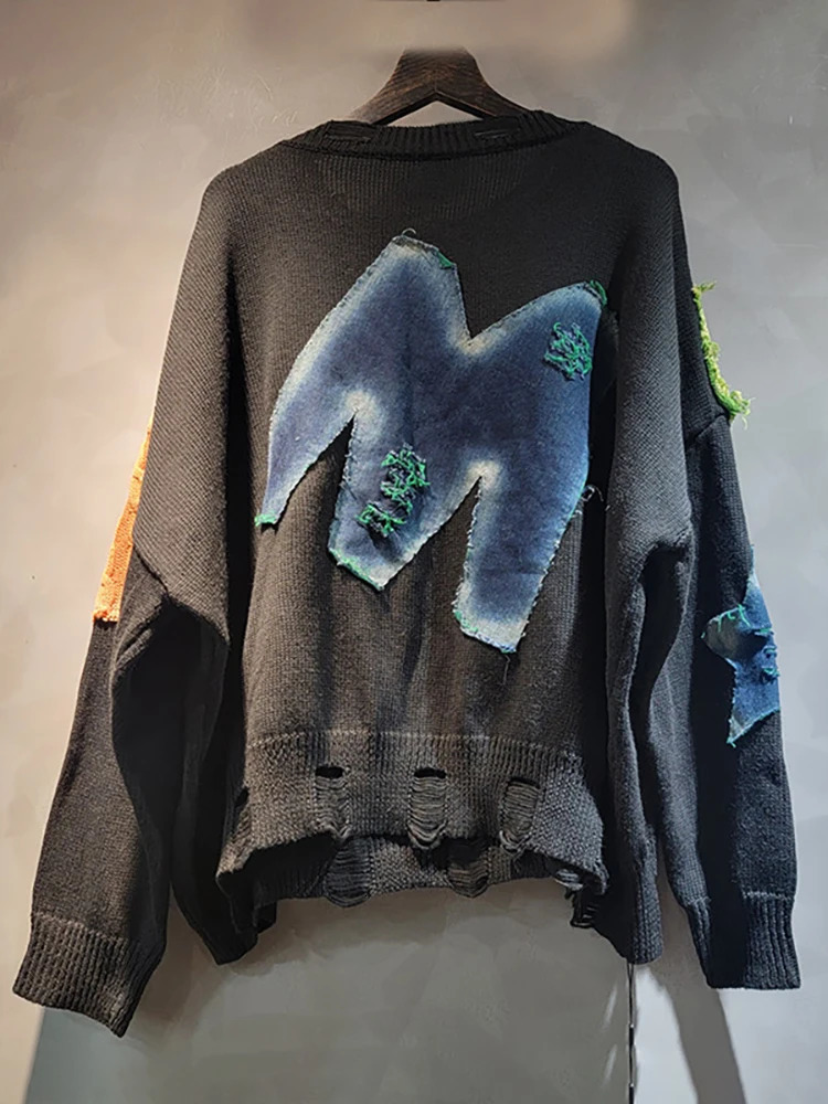 DEAT Womens Pullover Patch Work Denim Star Rhinestone Piercing O-Neck Loose Long Sleeve Sweater Autumn Fashion 241024
