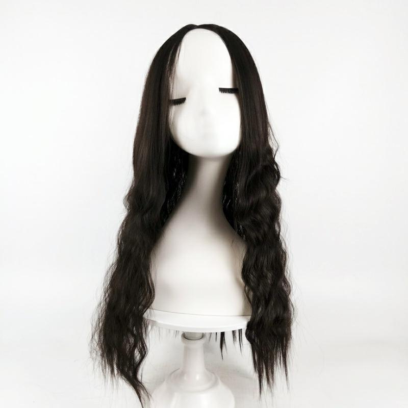 Wig women wine red long hair female middle part corn perm long curly hair chemical fiber wig
