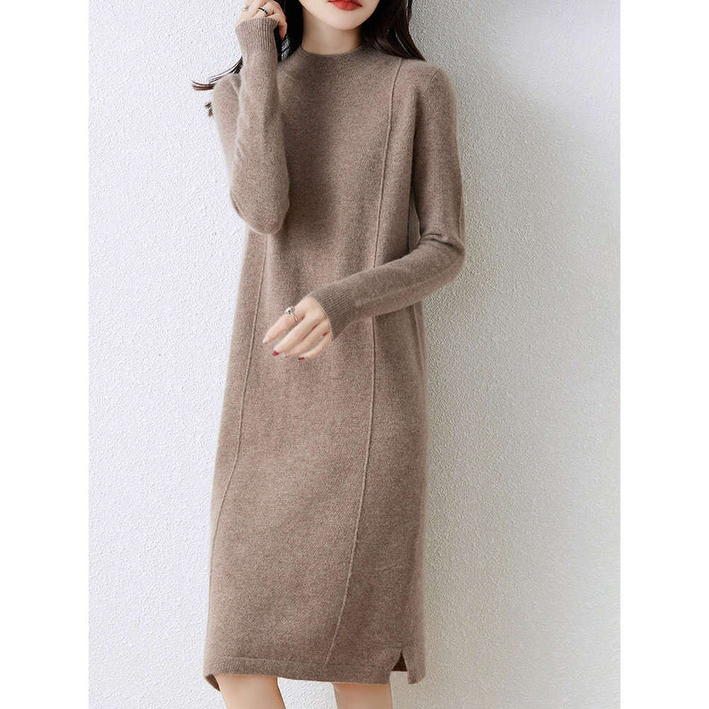 2024 New Women's Long Dresses 100% Merino Wool Autumn Winter Half High Collar Pullover Sweater Skirt Cashmere Knitwear Dress