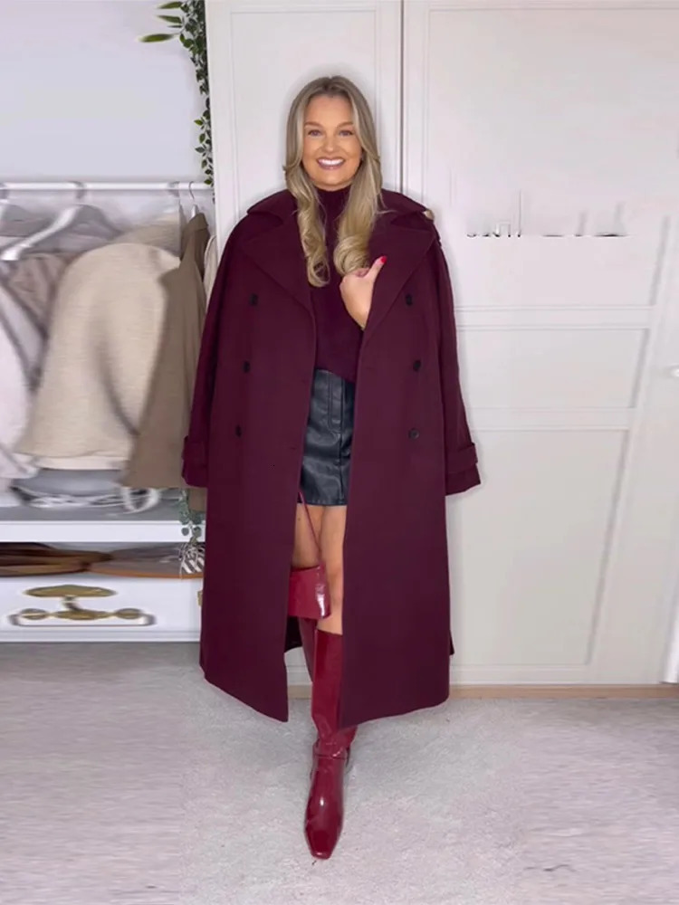 Elegant Burgundy Buttons With Belt Long Coat Women Fashion Lapel Full Sleeves Wool Blends Jacket 2024 Office Lady Outerwear 241025