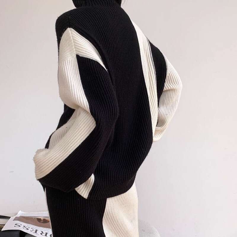 Black White Color Contrast Two-Piece Set For Women In Autumn And Winter 2023, With A Lazy Style High Neck Knitted Sweater An