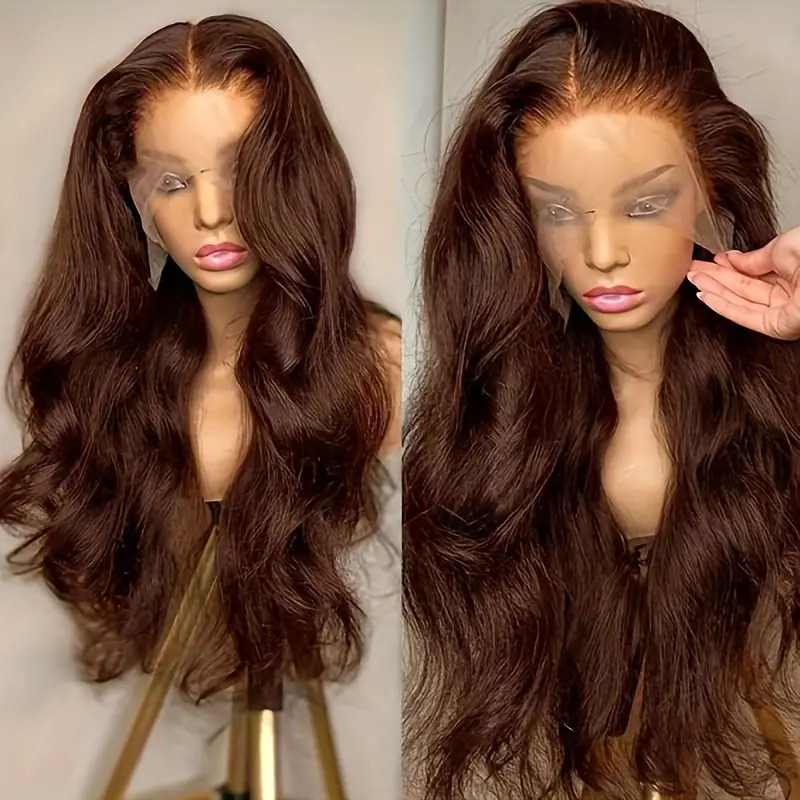 13*4 Body Wave Real Human Hair Chocolate Brown Transparent Lace Front Wig Pre Plucked For Women 210 Denasity