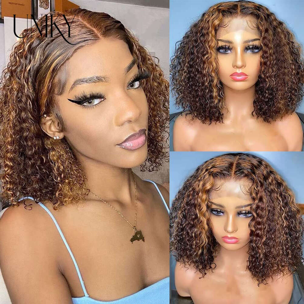 P4/27 Highlight Curly 13X4 Lace Front Brazilian Remy Human Hair Wigs Ombre Brown Deep Wave Short Bob Wig For Women
