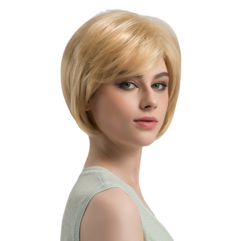 Wig for women light blonde short straight hair side bobo wig ladies headpiece human hair wig