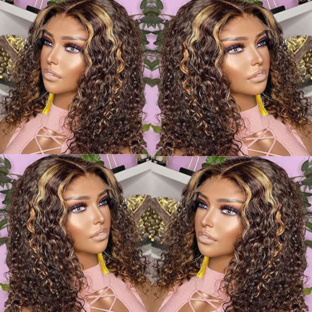 P4/27 Highlight Curly 13X4 Lace Front Brazilian Remy Human Hair Wigs Ombre Brown Deep Wave Short Bob Wig For Women