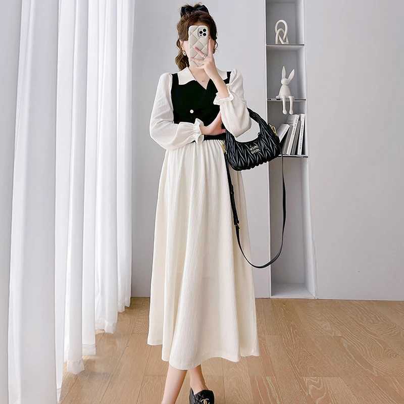 2024 autumn and winter knitted patch work pregnant womens dress with long flame sleeves loose collar elegant pregnant womens clothing W241026