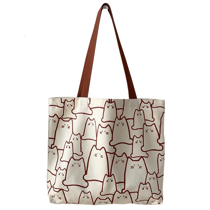 2024 Cute Cat Shopping Designer Handbag Fashion Canvas Casual Shopping Girl Pattern Handbag Japanese Cartoon Small Shoulder Large Capacity Bag