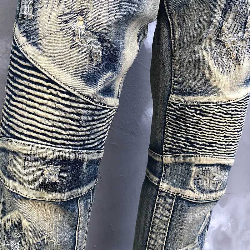 Hip hop mens elastic slim Jean Fall designer Jean Retro motorcycle jeans mens motorcycle patch work fashion brand Jean High Strt X241026