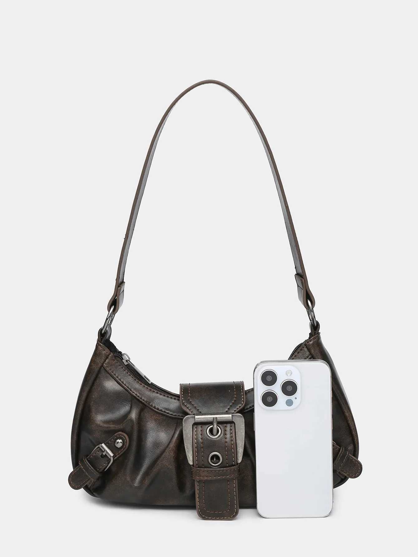 New Fashion Maillard Style Shoulder Bag Vintage Leather Spicy Girl Y2K Armpit Bag Belt Trendy Saddle Bag Retro Handbag Y250320