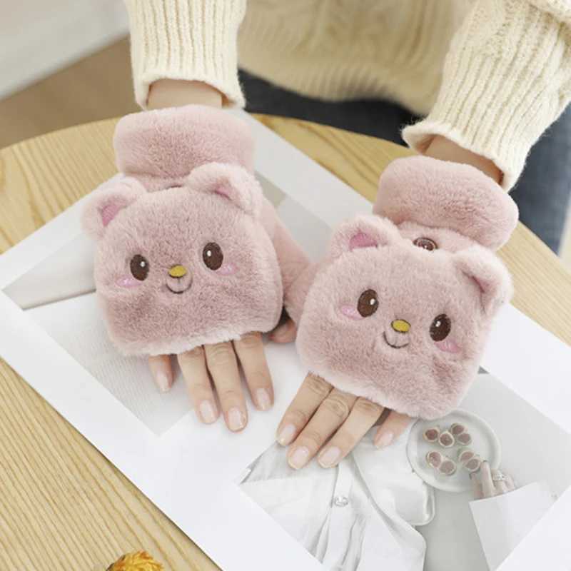 Fashionable womens plush warm G fur cat gloves with lapel fingers G soft girl thick flexible half finger winter Gs W241026