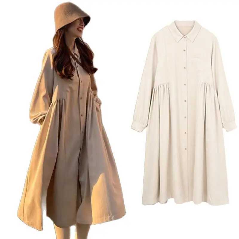 Korean style 2024 spring/summer maternity dress plus size long sleeved lapel maternity shirt dress W241026