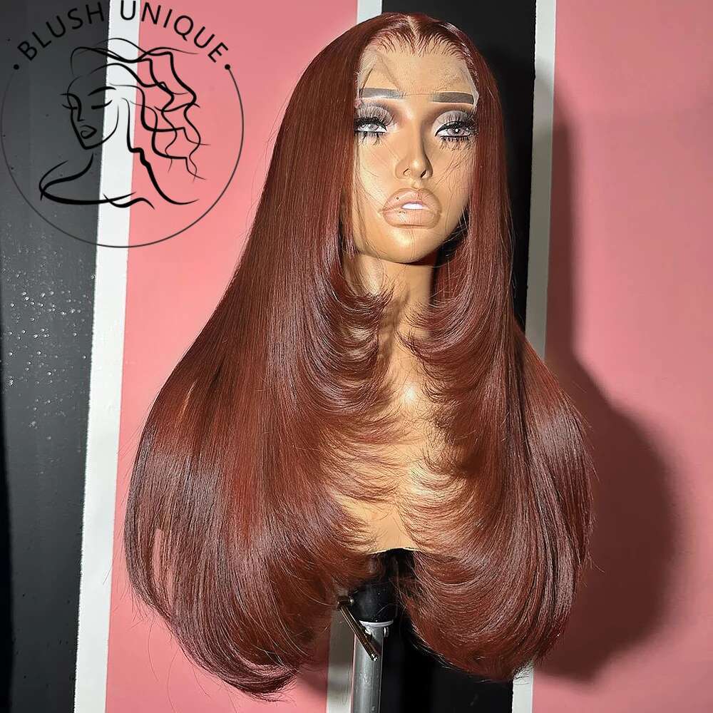 Reddish Brown Layered Cut Wig Copper Red Straight Lace Front For Women Synthetic 13X4 Glueless T Part Heat Resistant Wigs