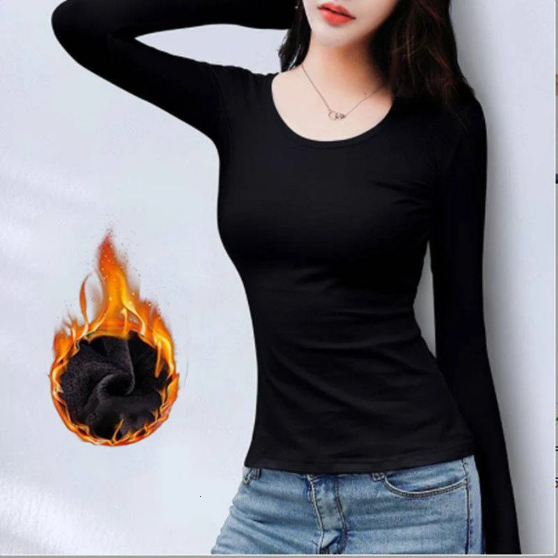 OV Neck Long Sleeve Tops Women Autumn Winter Bottoming Shirt Black White Casual Basic Slim Velvet Thermal T-Shirts 2024 241025