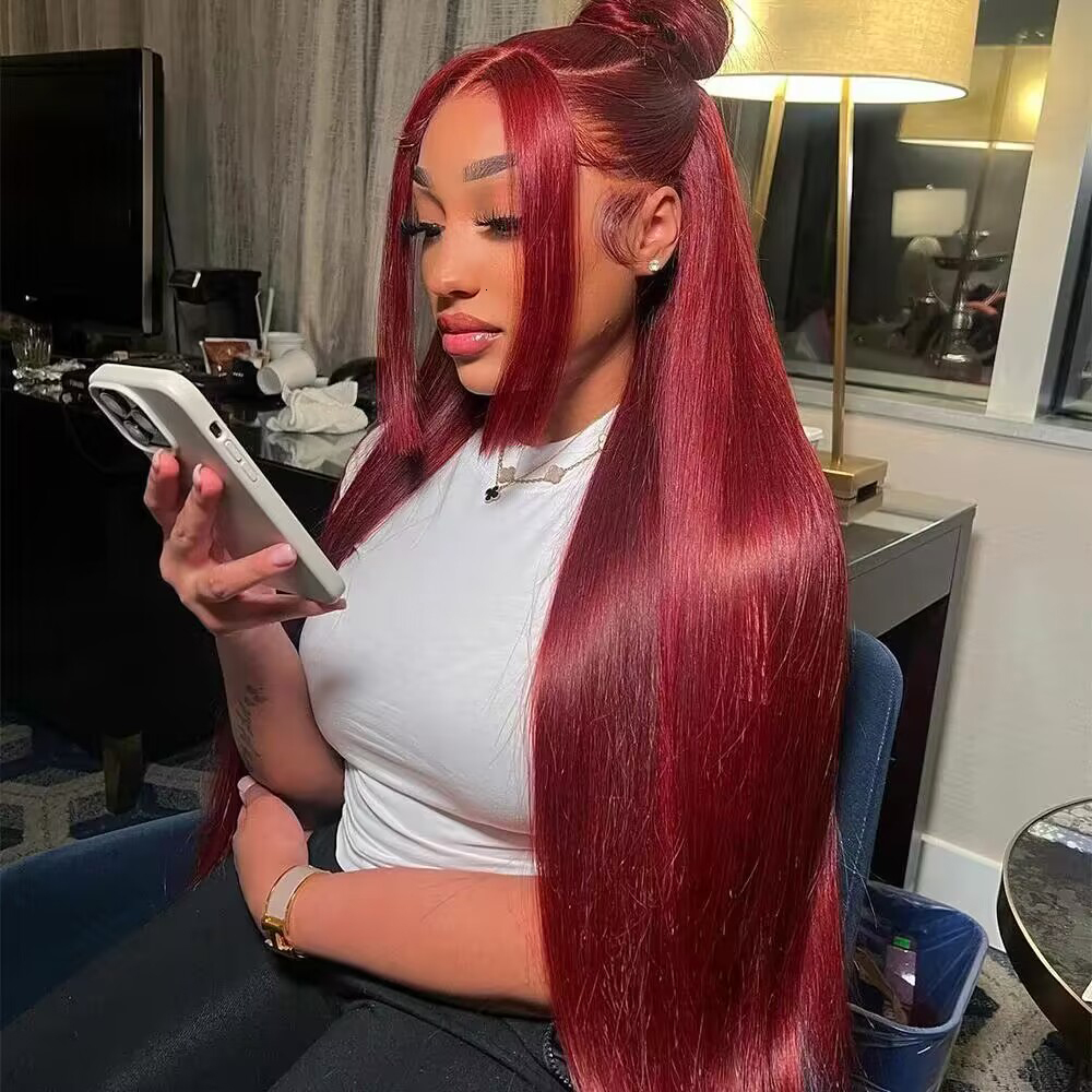 Bury HD Frontal Straight Red 13x6 Lace Front Wigs 99J Colored 200% Human Hair Wig 100%