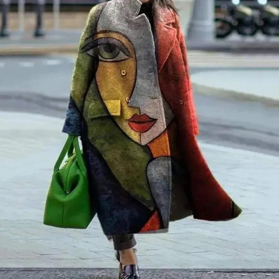 2023 Autumn Winter Womens LongSleeved Lapel Coat Printed Tweed Long Windbreaker Wool Blends Coats And Jackets S3XL 241025