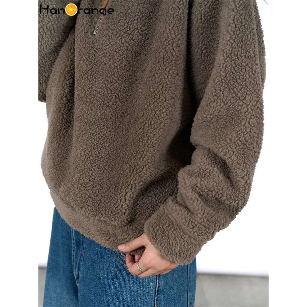 Hanorange 2024 Autumn Winter Lazy Fake Lambswool Turtleneck Hoodie Women Loose Soft Sticky Skin Friendly Warm Top Beige/Brown