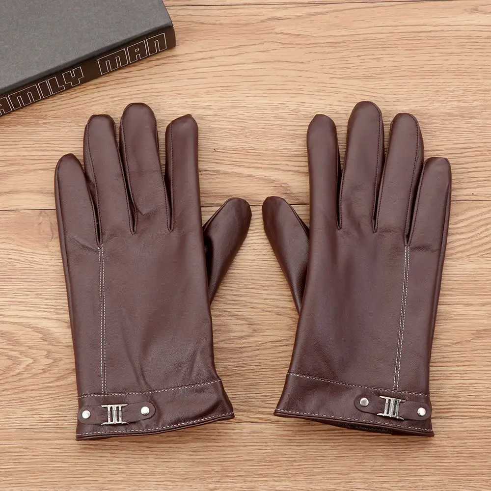 1 pair of mens wool hot leather Gs winter warm touch screen windproof and waterproof driving Gs all finger black Gs W241026