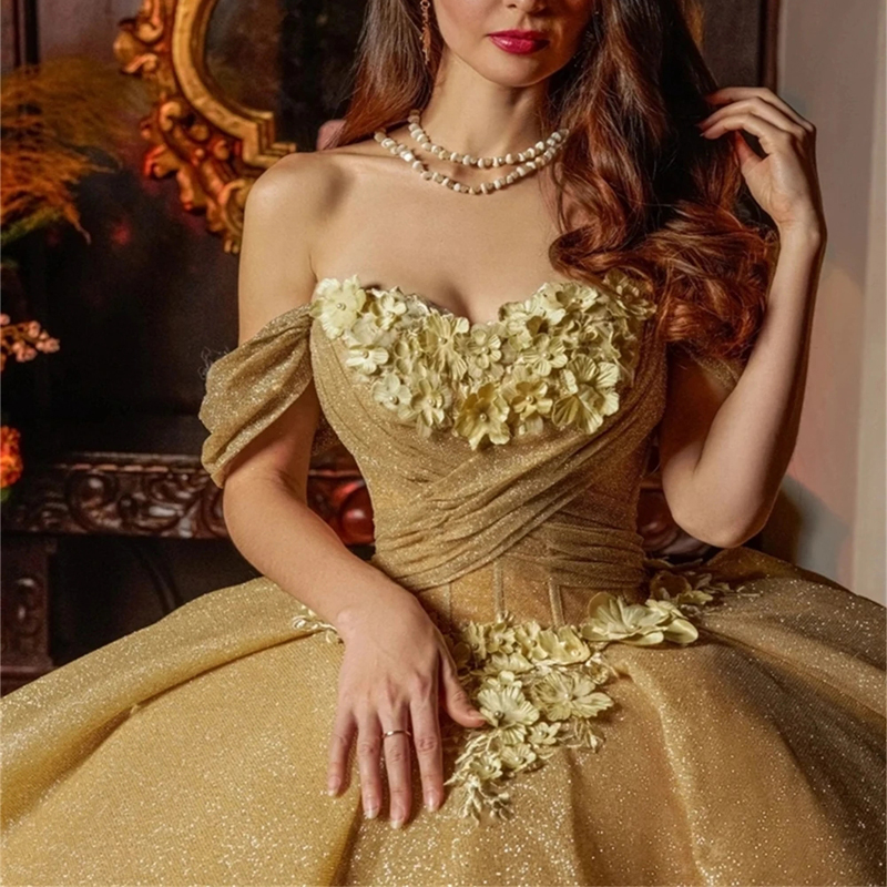 Gold Sparkle Princess Quinceanera Dresses Ball Gown Off The Shoulder Flower Appliques Beads Tull Party Birthday Vestido De 15 Anos Sweet 16 Dress