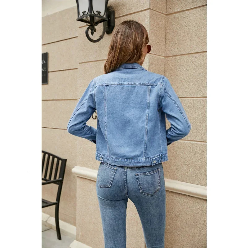 2024 Women Short Denim Jackets Fashion Female Casual Long Sleeve Lapel Solid Button Pocket Slim Jean Jacket Fall Winter Coat 241025