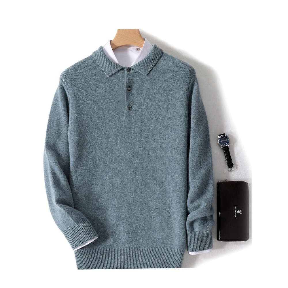100% Merino Wool Hot Cardigans Men Lapel Pullover Long Sleeve Polo Neck Sweaters Loose Tops Knitwear Clothing Large Size Shirt