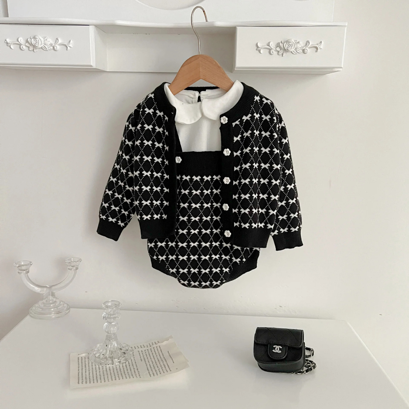7058 Baby Clothing Set Autumn Knitted Girls Coat Cardigan Or Suspenders Climbing Clothes Sweater 241025